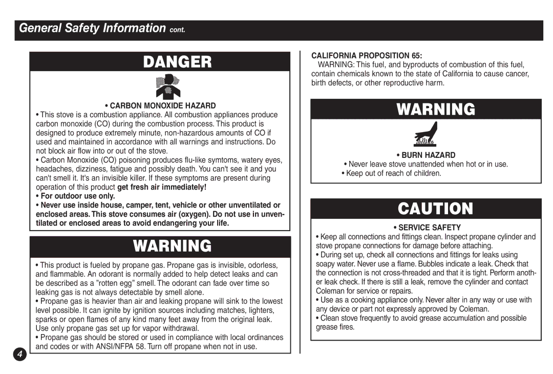 Coleman 5428A Series Carbon Monoxide Hazard, For outdoor use only, California Proposition Burn Hazard, Service Safety 