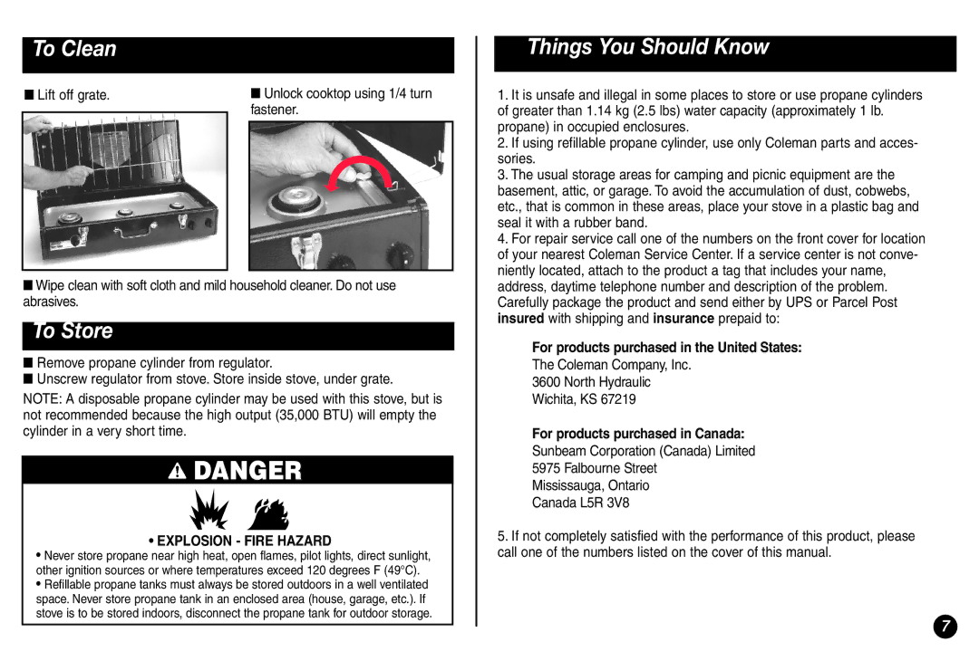 Coleman 5428A Series manual To Clean, To Store, Things You Should Know, For products purchased in the United States 