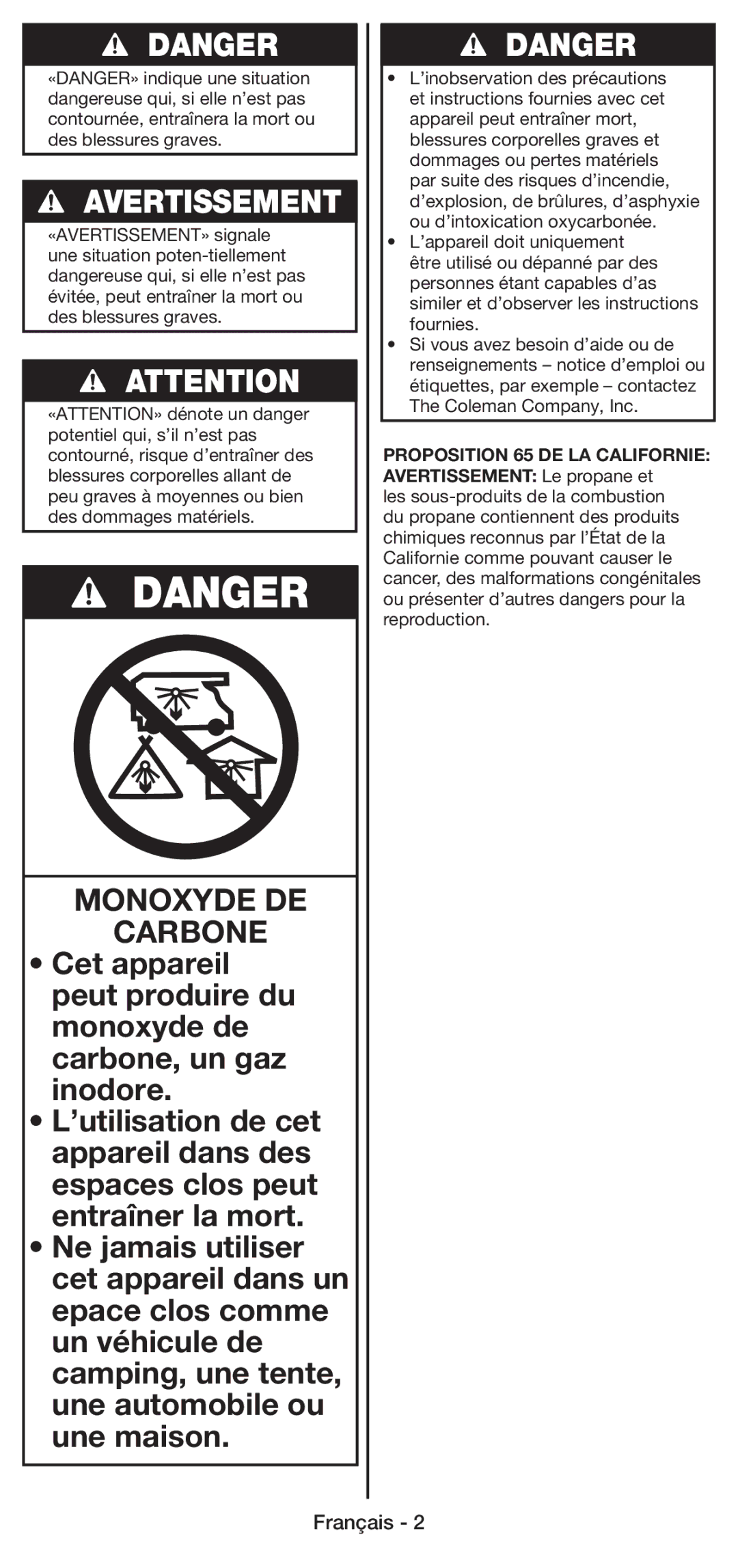 Coleman 5430E manual Avertissement 