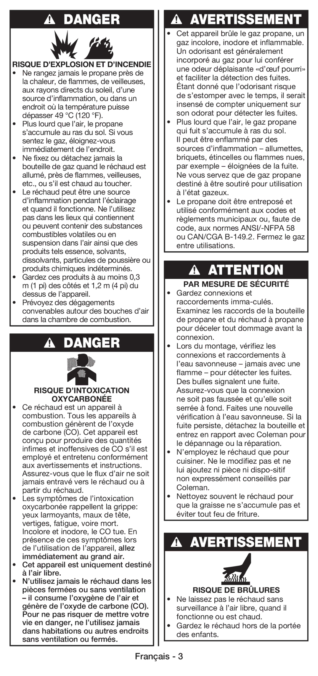 Coleman 5430E manual Risque D’EXPLOSION ET D’INCENDIE, Risque D’INTOXICATION Oxycarbonée, PAR Mesure DE Sécurité 