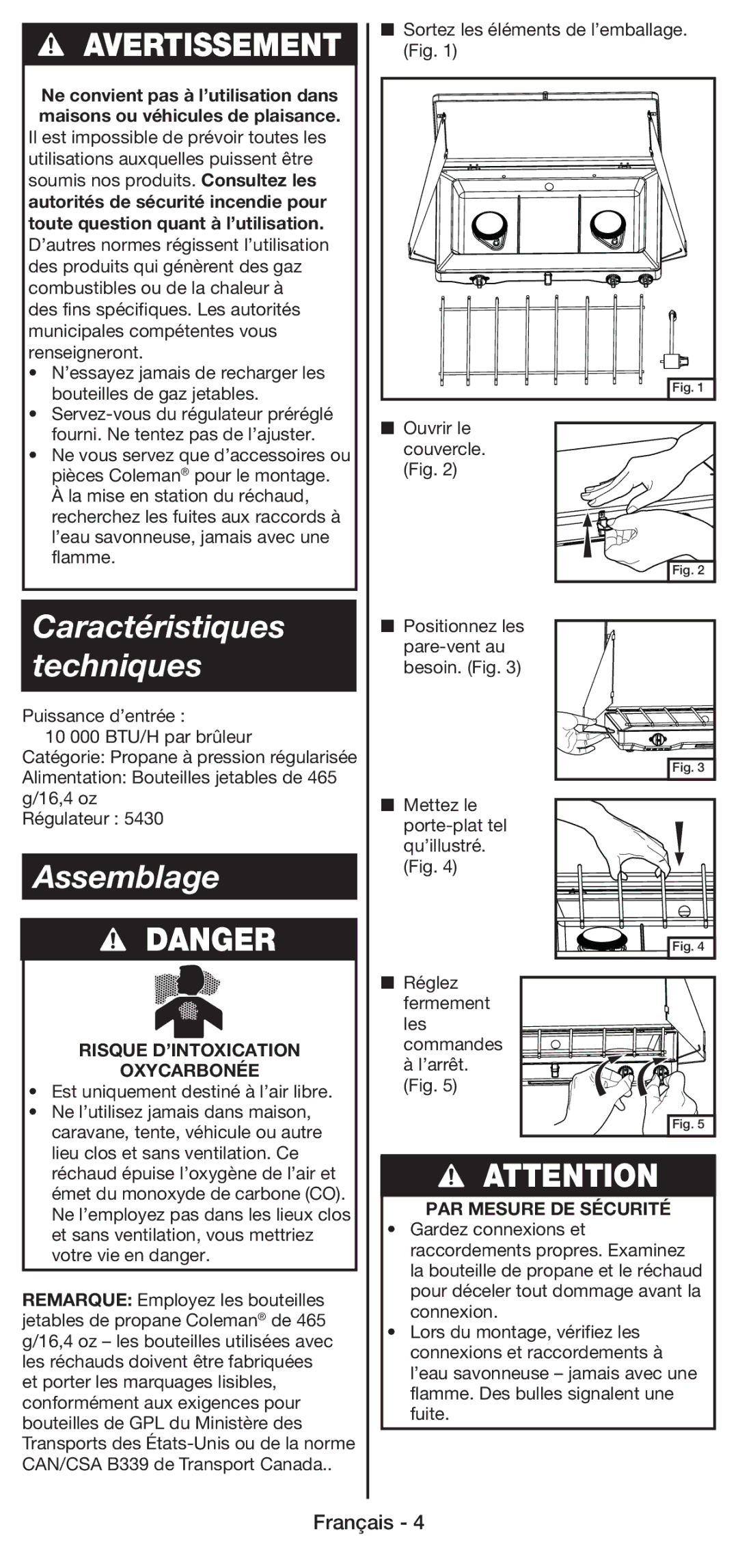 Coleman 5430E manual Caractéristiques techniques, Assemblage 