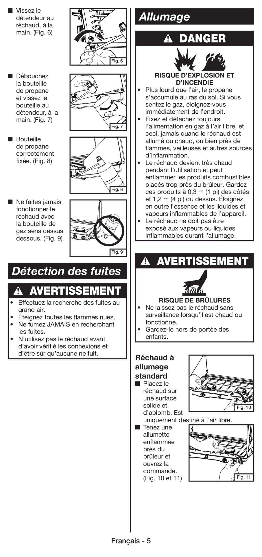 Coleman 5430E manual Détection des fuites, Réchaud à Allumage Standard, Risque D’EXPLOSION ET ’INCENDIE 