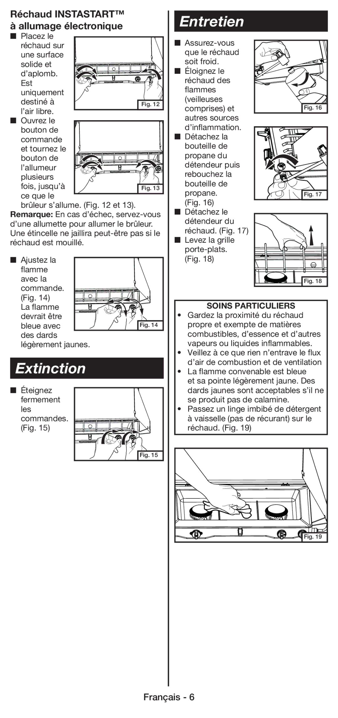 Coleman 5430E manual Extinction, Entretien, Réchaud Instastart à allumage électronique, Soins Particuliers 