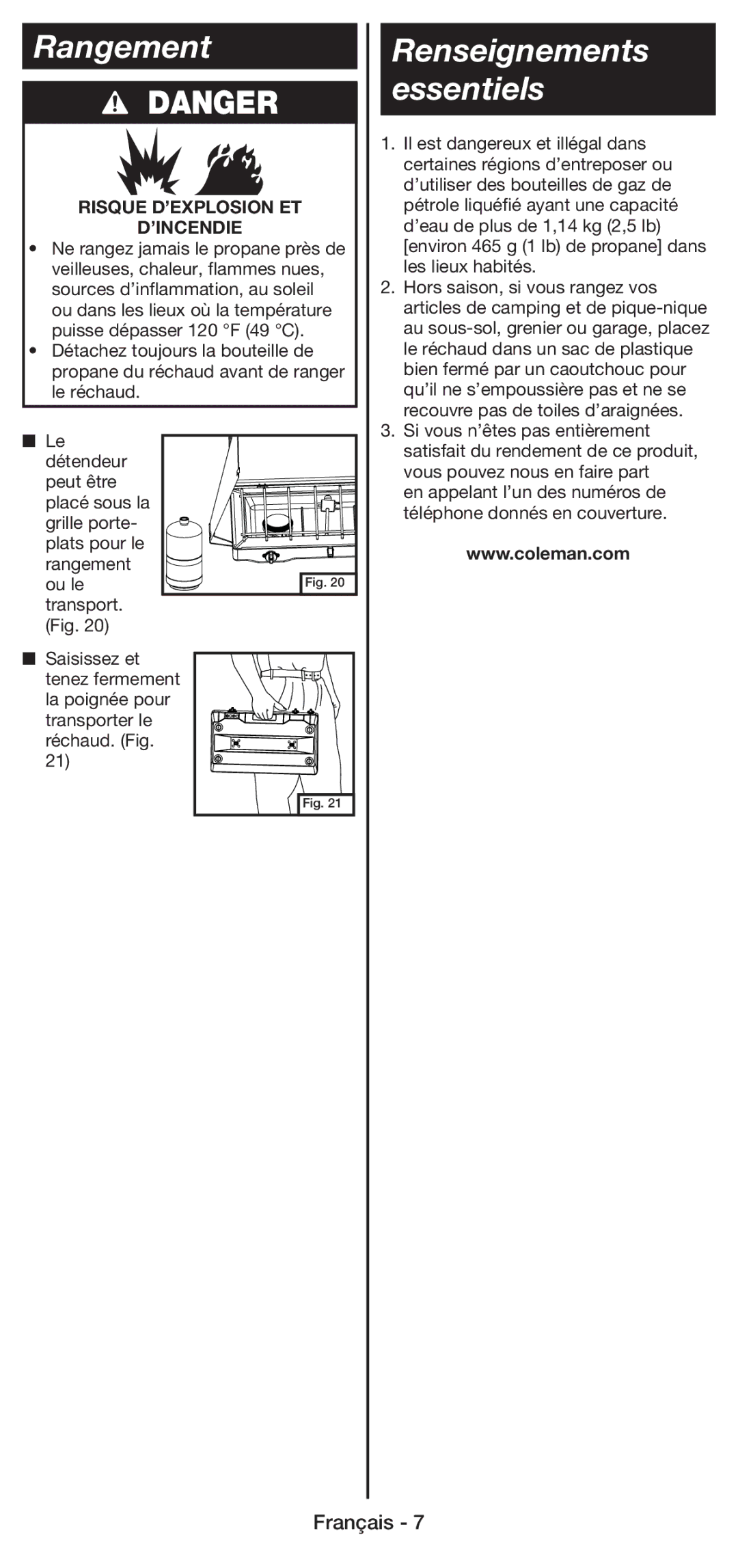 Coleman 5430E manual Rangement, Renseignements essentiels 