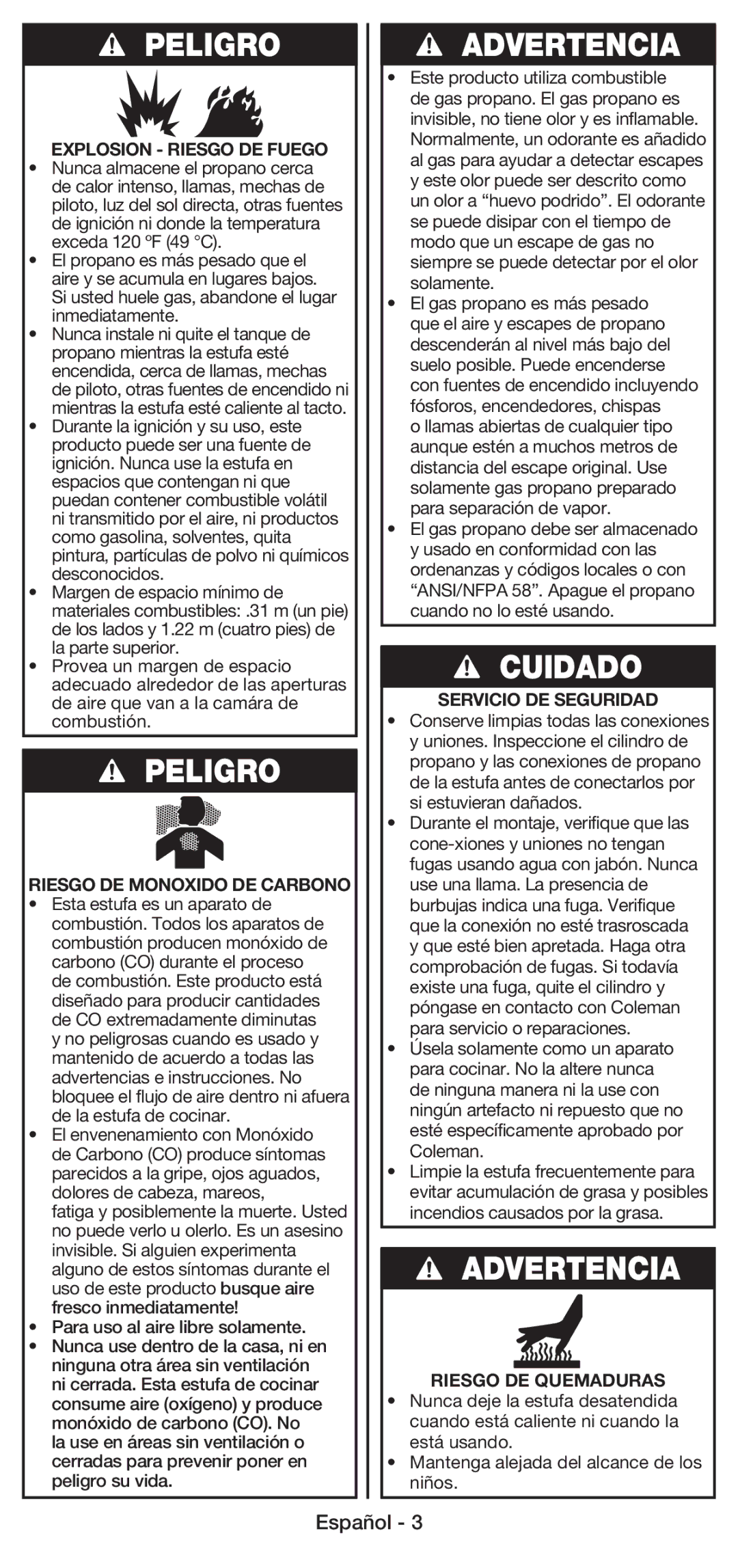 Coleman 5430E manual Explosion Riesgo DE Fuego, Riesgo DE Monoxido DE Carbono, Servicio DE Seguridad, Riesgo DE Quemaduras 