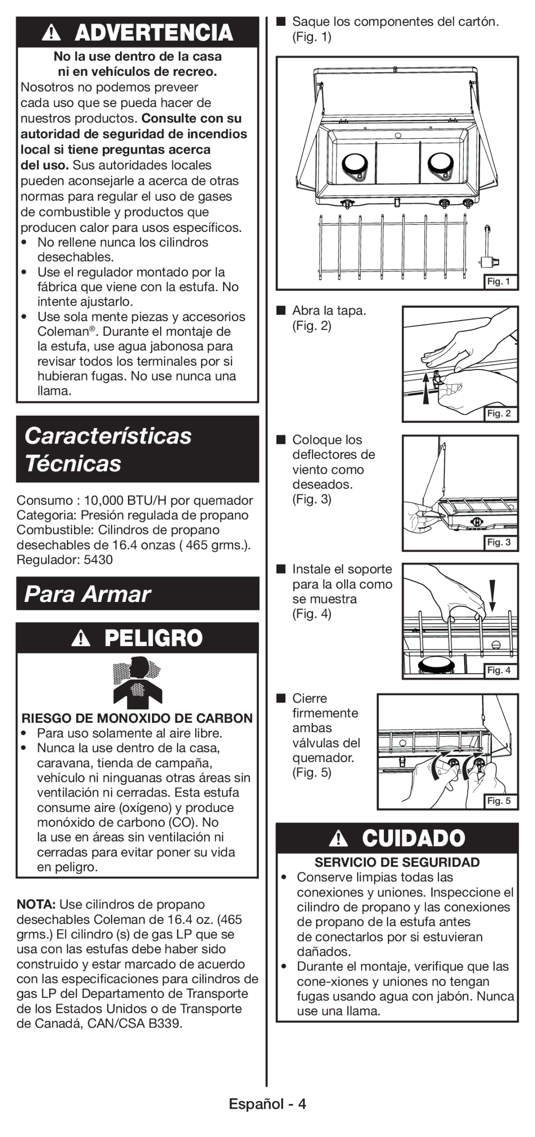 Coleman 5430E manual Características Técnicas, Para Armar, Riesgo DE Monoxido DE Carbon 