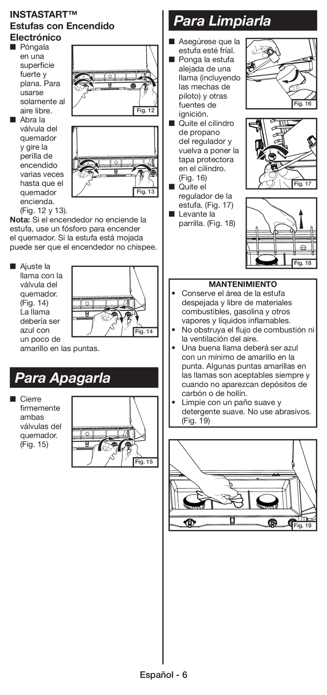 Coleman 5430E manual Para Apagarla, Para Limpiarla, Estufas con Encendido Electrónico, Mantenimiento 