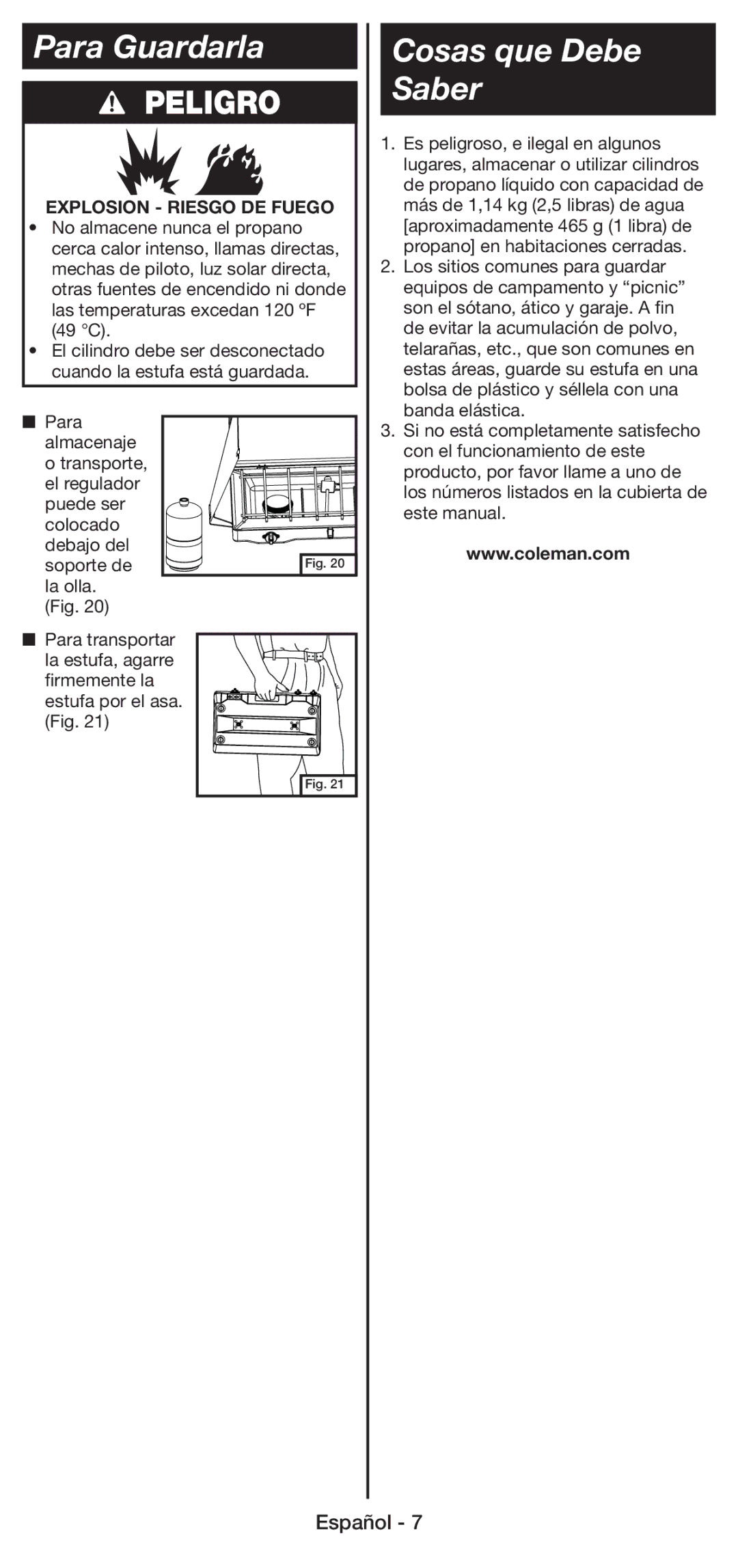 Coleman 5430E manual Para Guardarla, Cosas que Debe Saber 