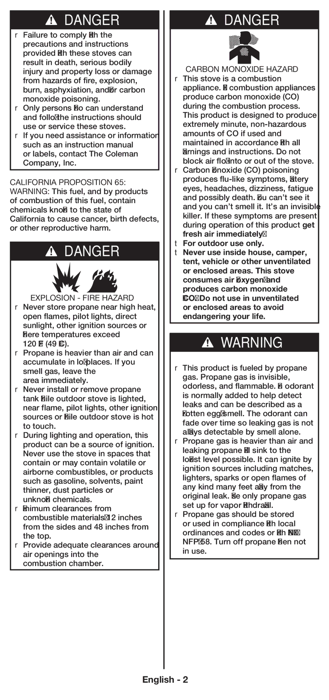 Coleman 5430E manual Explosion Fire Hazard, Carbon Monoxide Hazard 