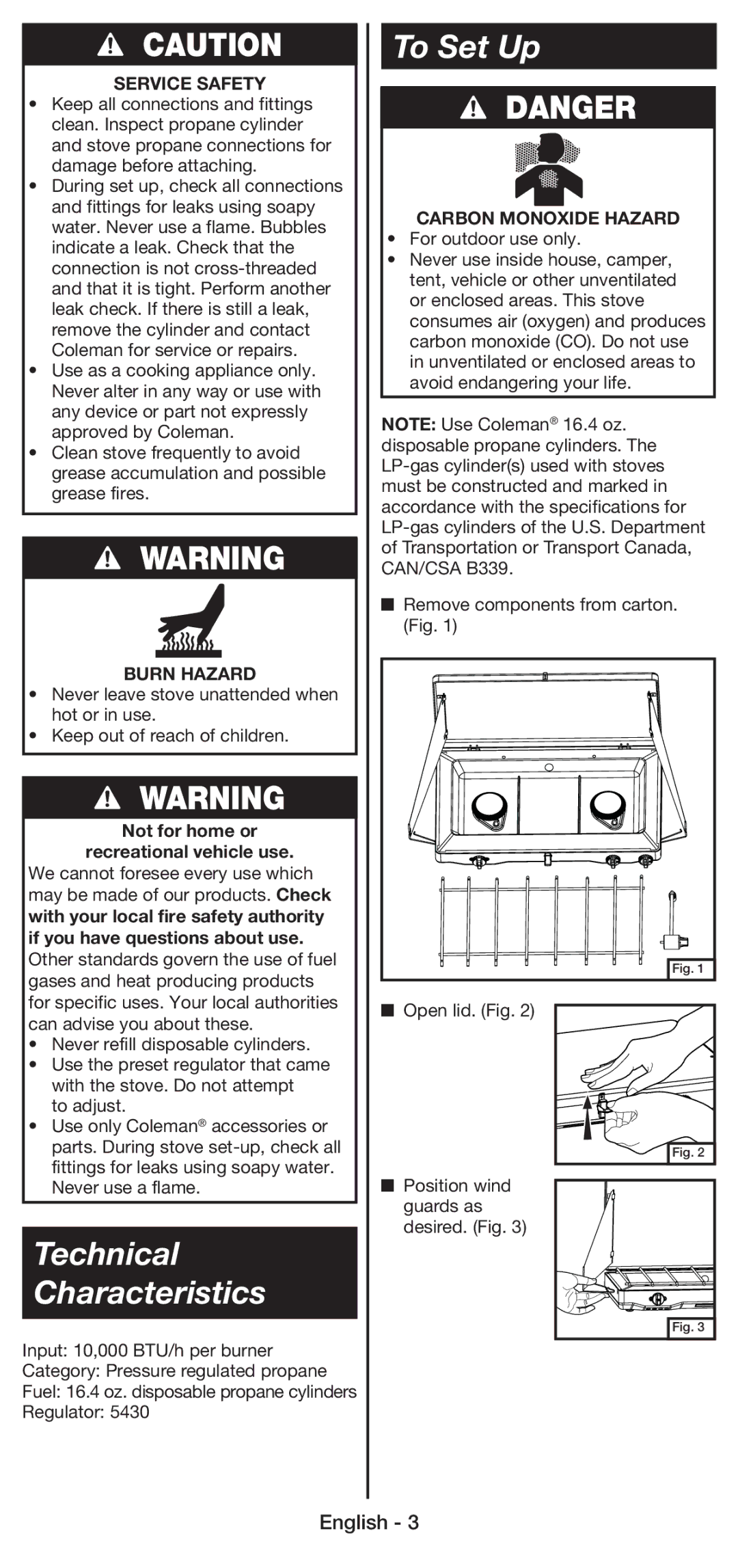 Coleman 5430E manual Technical Characteristics, To Set Up, Service Safety, Burn Hazard 