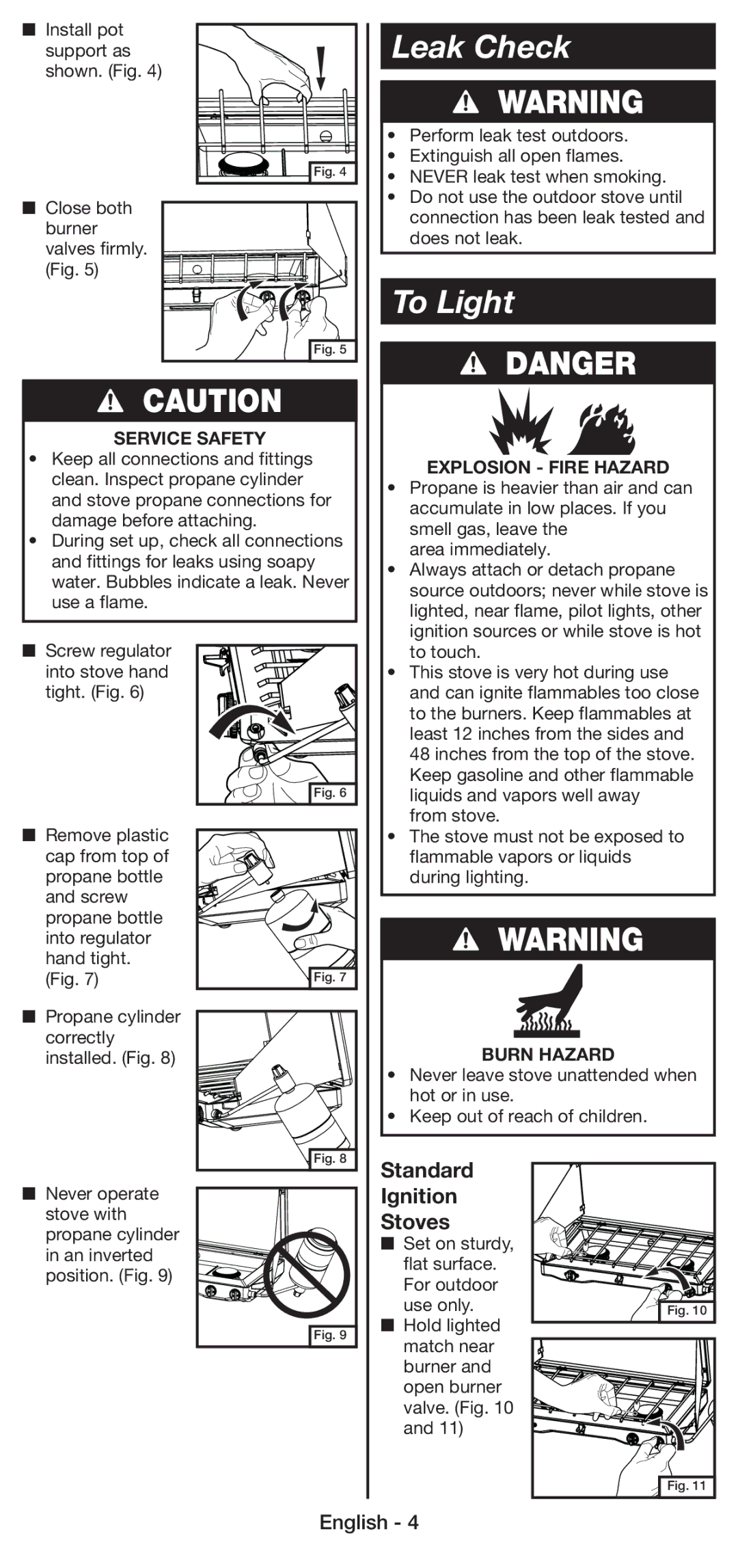 Coleman 5430E manual Leak Check, To Light, Standard Ignition Stoves 