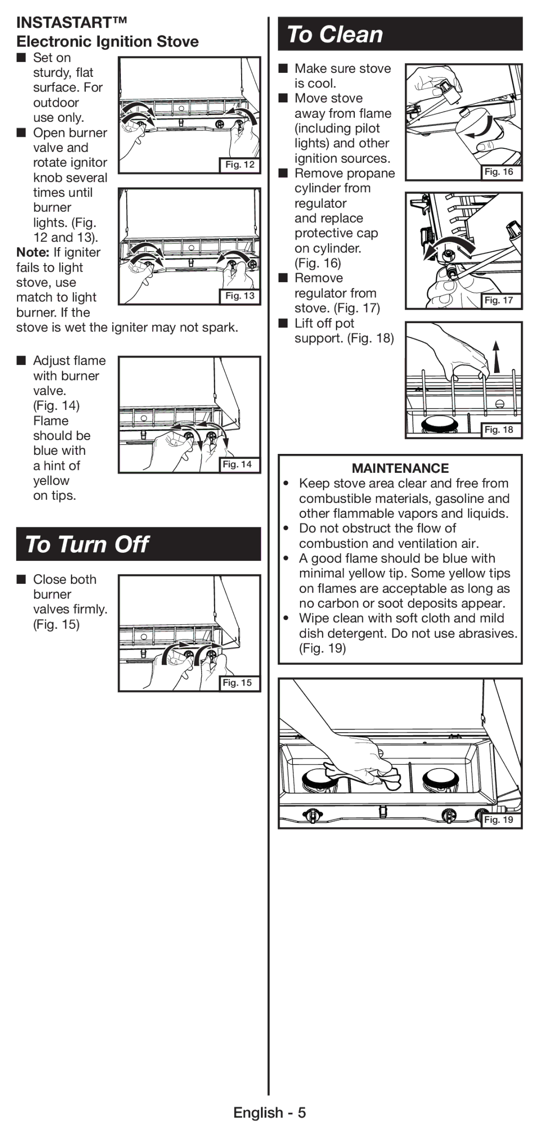 Coleman 5430E manual To Turn Off, To Clean, Instastart Electronic Ignition Stove, Maintenance 