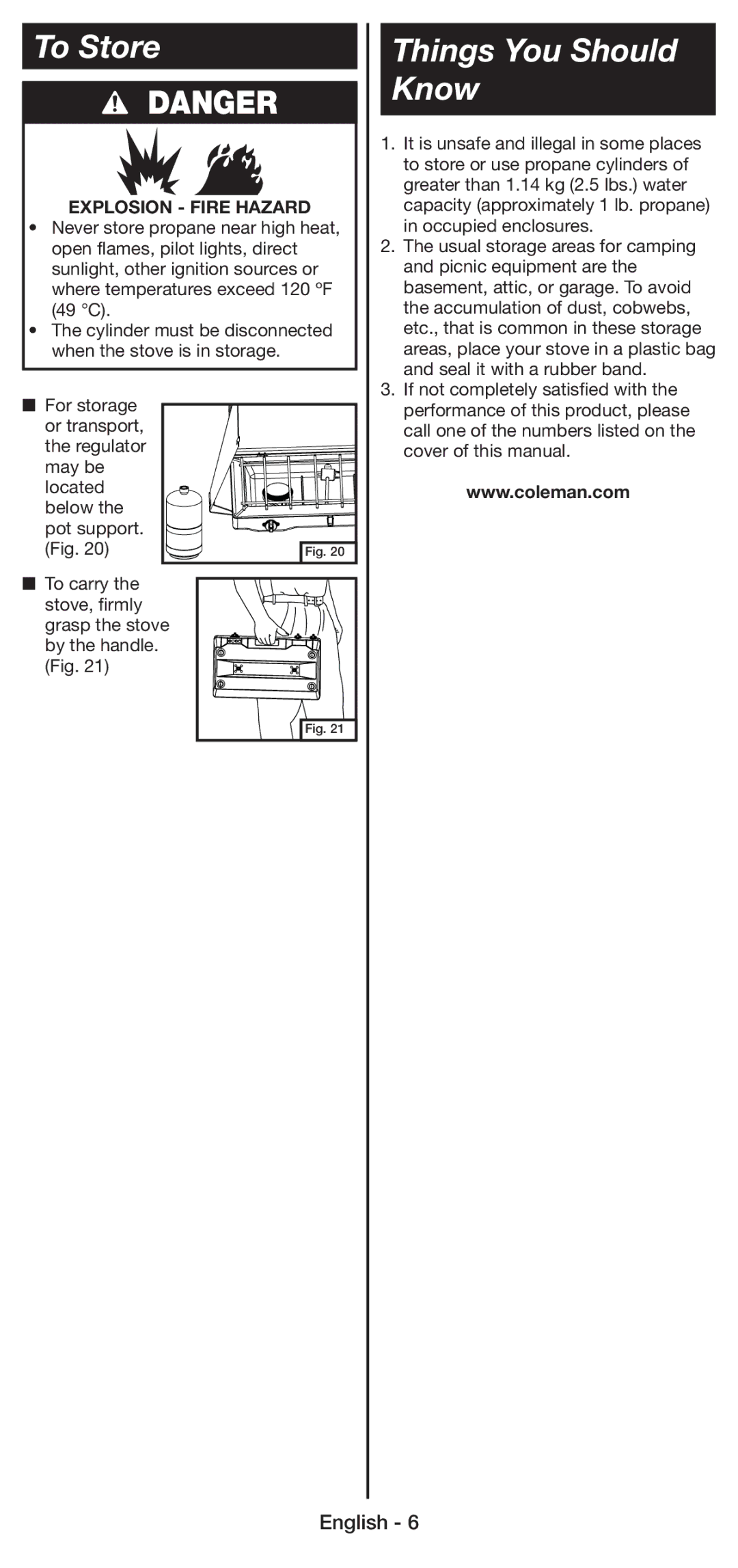 Coleman 5430E manual To Store, Things You Should Know 