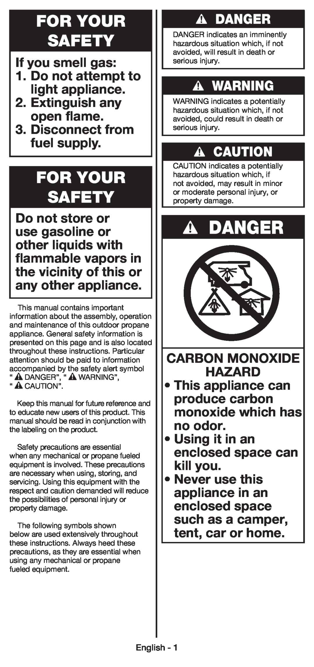 Coleman 5430E manual Danger, For Your Safety, If you smell gas 1. Do not attempt to light appliance, Carbon Monoxide Hazard 