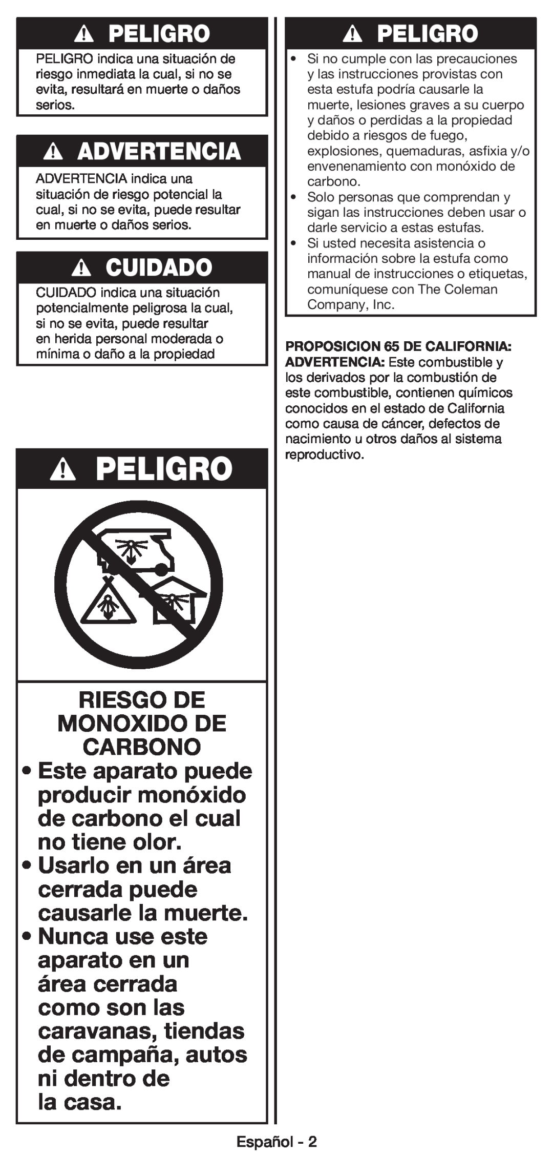 Coleman 5430E manual Peligro, Advertencia, Cuidado, Riesgo De Monoxido De Carbono, la casa, Español 