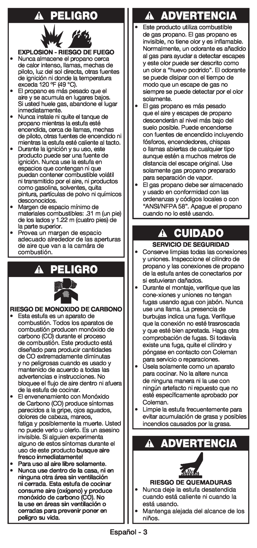 Coleman 5430E manual Peligro, Advertencia, Cuidado, Español, Explosion - Riesgo De Fuego, Riesgo De Monoxido De Carbono 