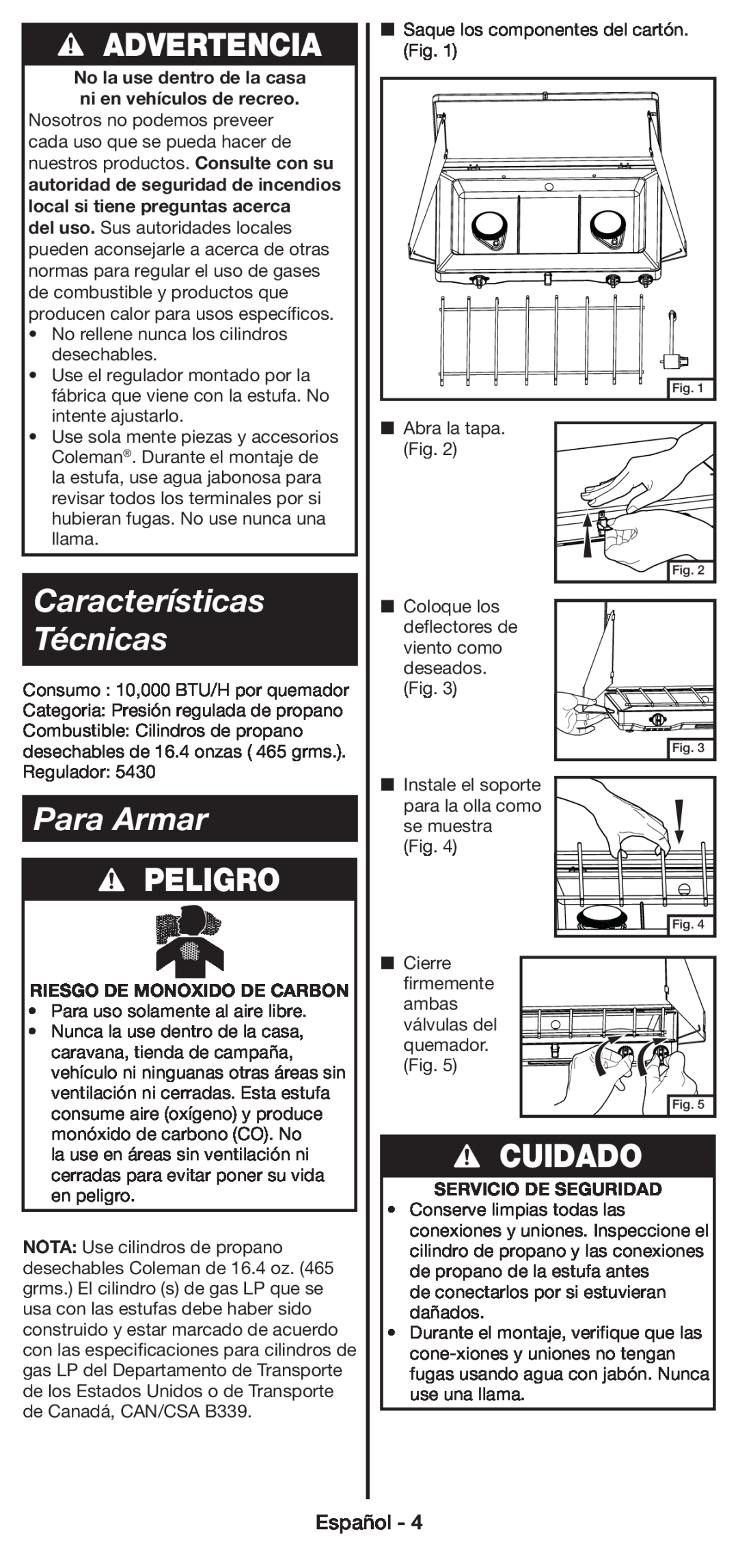 Coleman 5430E Características Técnicas, Para Armar, Advertencia, Peligro, Cuidado, Español, Riesgo De Monoxido De Carbon 