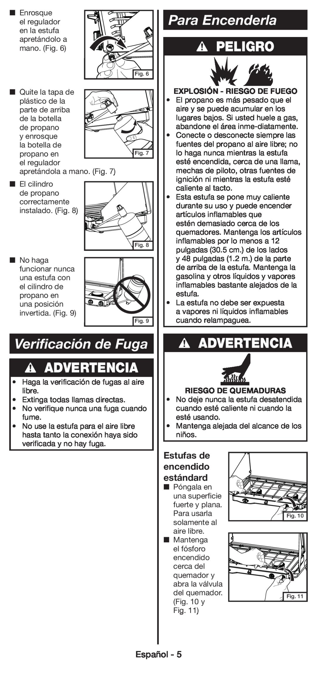 Coleman 5430E manual Verificación de Fuga, Para Encenderla, Estufas de, encendido, estándard, Advertencia, Peligro, Español 