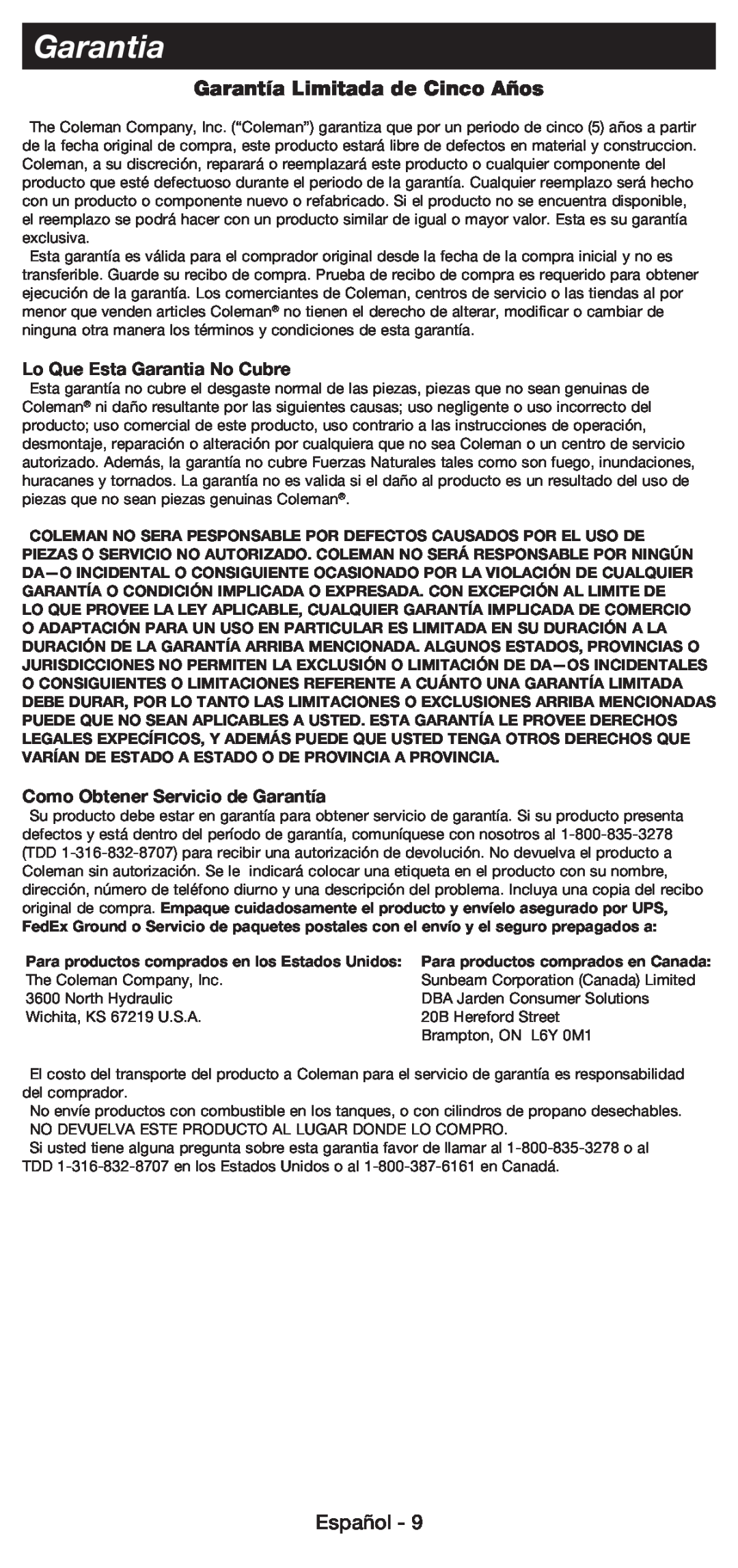 Coleman 5430E manual Garantía Limitada de Cinco Años, Español, Lo Que Esta Garantia No Cubre 