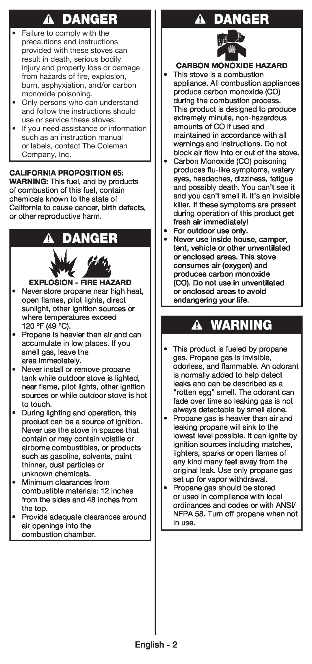 Coleman 5430E manual Danger, English, Explosion - Fire Hazard, Carbon Monoxide Hazard 