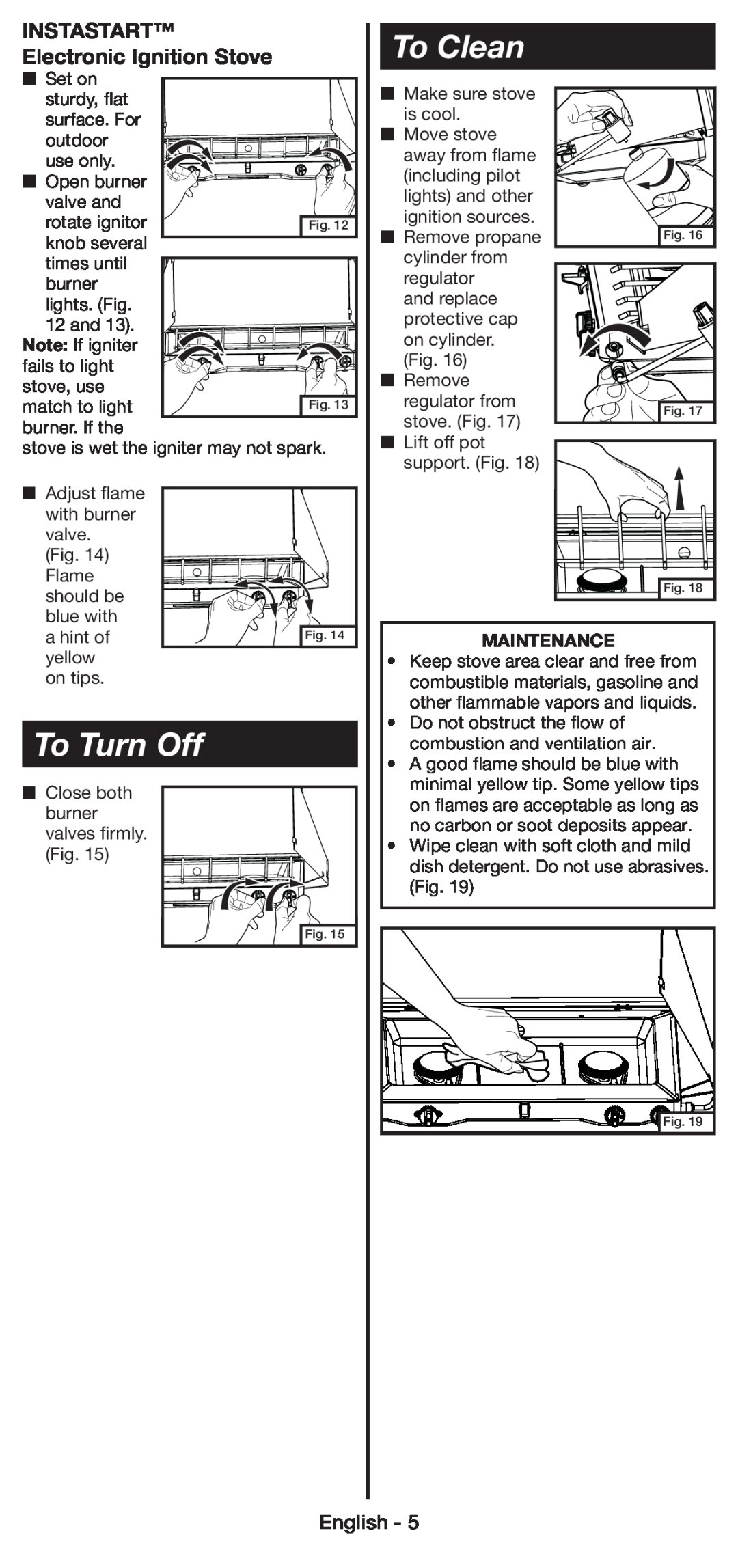 Coleman 5430E manual To Turn Off, To Clean, INSTASTART Electronic Ignition Stove, English, Maintenance 