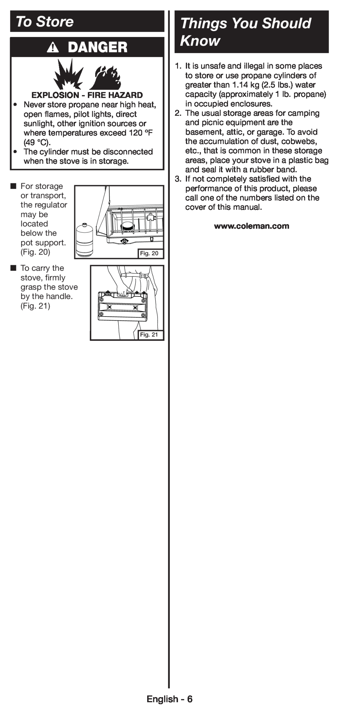 Coleman 5430E manual To Store, Things You Should Know, Danger, English, Explosion - Fire Hazard 