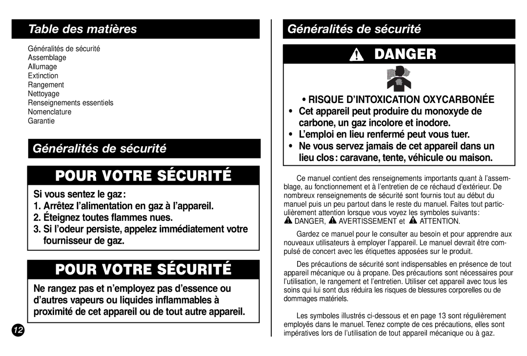 Coleman 5431A Series manual Pour Votre Sécurité, Table des matières, Généralités de sécurité 