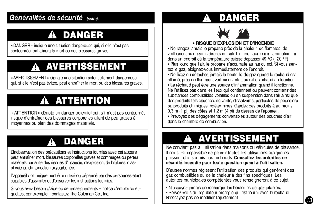 Coleman 5431A Series manual Généralités de sécurité suite, Risque D’EXPLOSION ET D’INCENDIE 