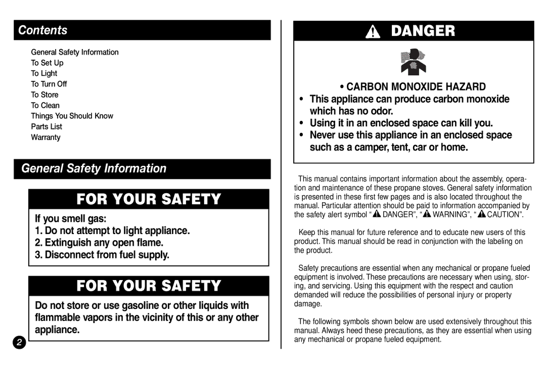 Coleman 5431A Series manual For Your Safety, Contents, General Safety Information 