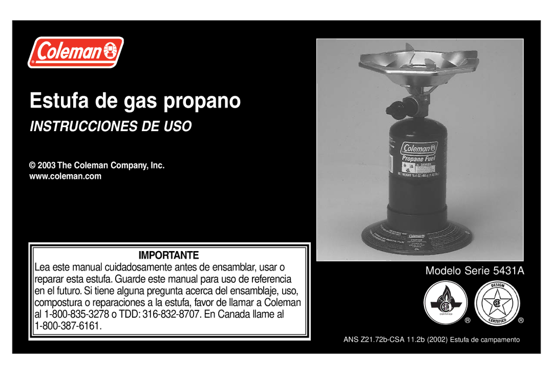 Coleman 5431A Series manual Estufa de gas propano 