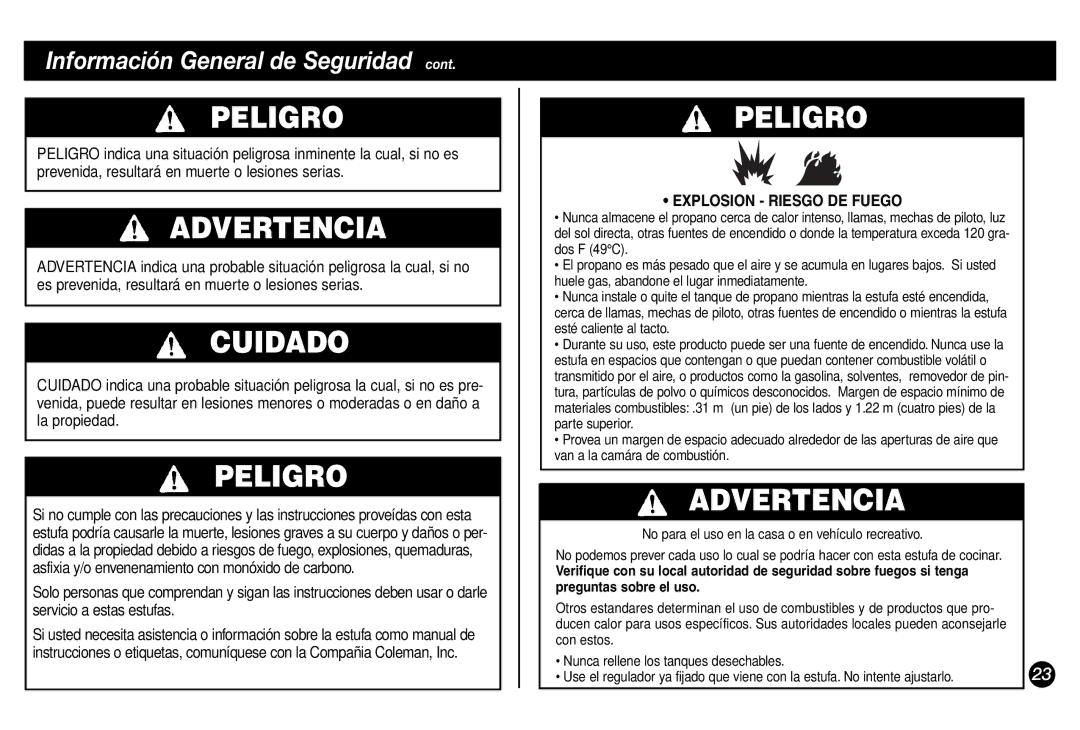 Coleman 5431A Series manual Advertencia, Cuidado, Explosion Riesgo DE Fuego 