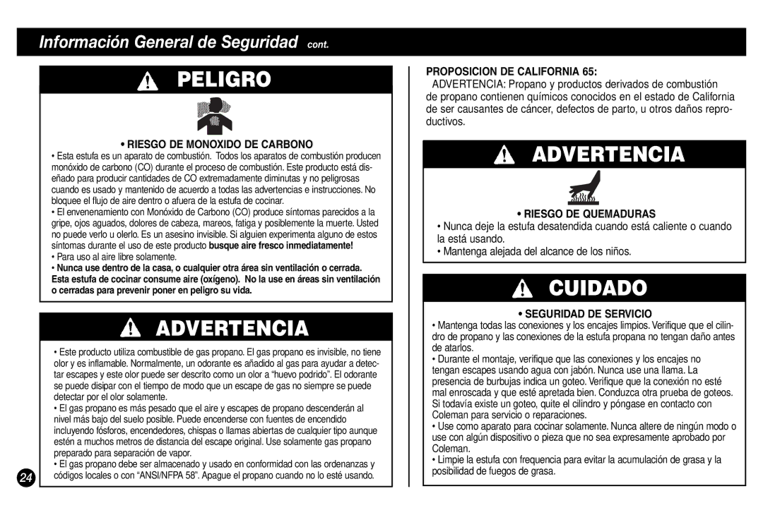 Coleman 5431A Series Riesgo DE Monoxido DE Carbono, Proposicion DE California, Riesgo DE Quemaduras, Seguridad DE Servicio 