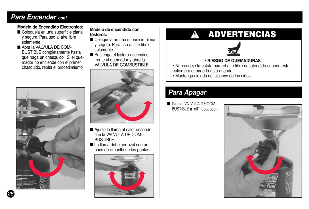 Coleman 5431A Series manual Advertencias, Para Apagar, Modelo de Encendido Electronico, Modelo de encendido con fósforos 