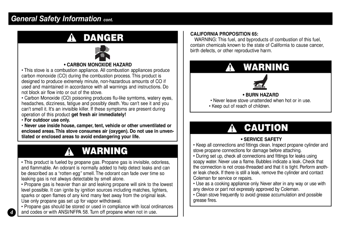 Coleman 5431A Series Carbon Monoxide Hazard, For outdoor use only, California Proposition Burn Hazard, Service Safety 