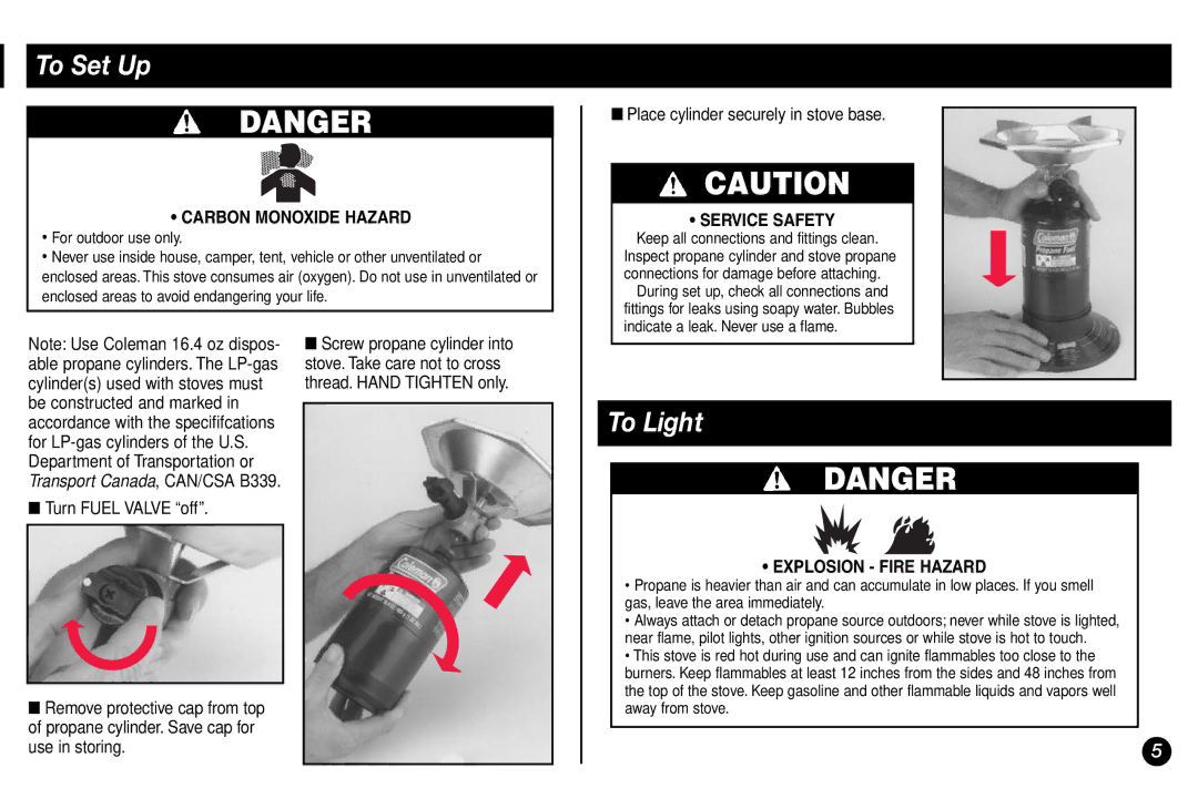 Coleman 5431A Series manual To Set Up, To Light 
