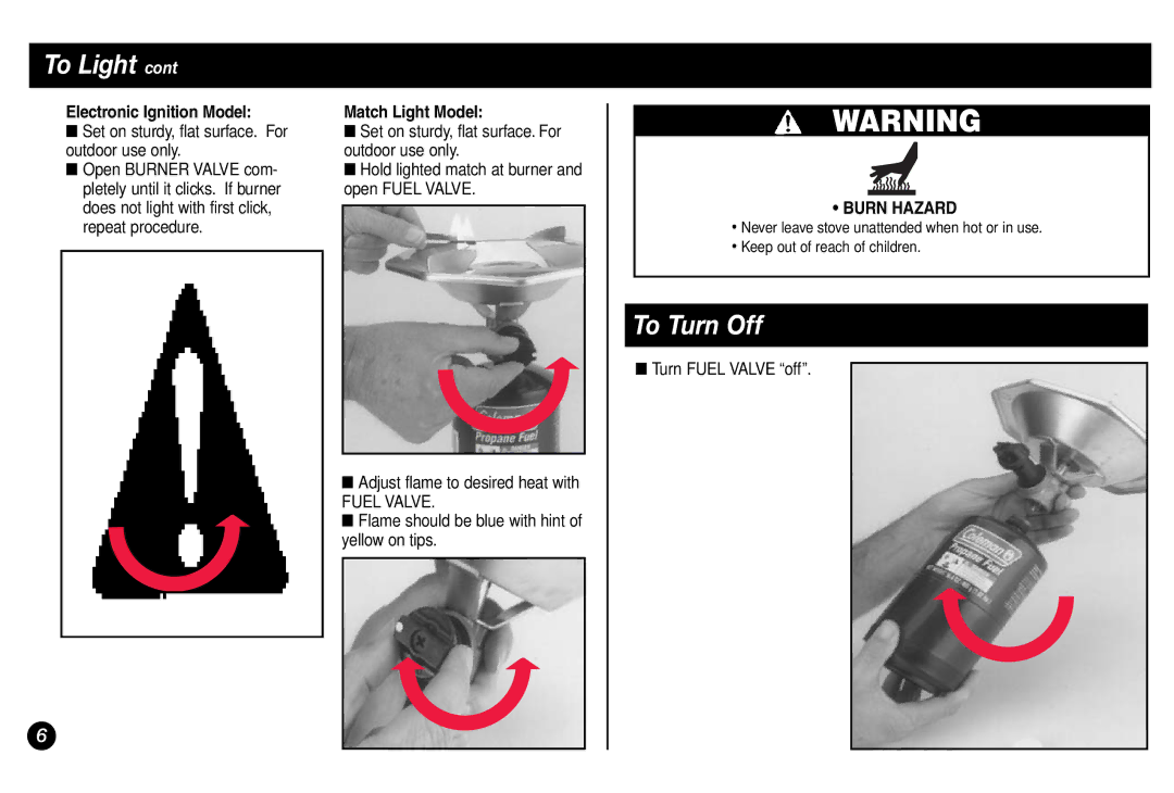 Coleman 5431A Series manual To Turn Off, Electronic Ignition Model, Match Light Model 