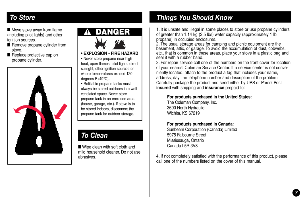 Coleman 5431A Series manual To Store, To Clean, Things You Should Know, For products purchased in the United States 