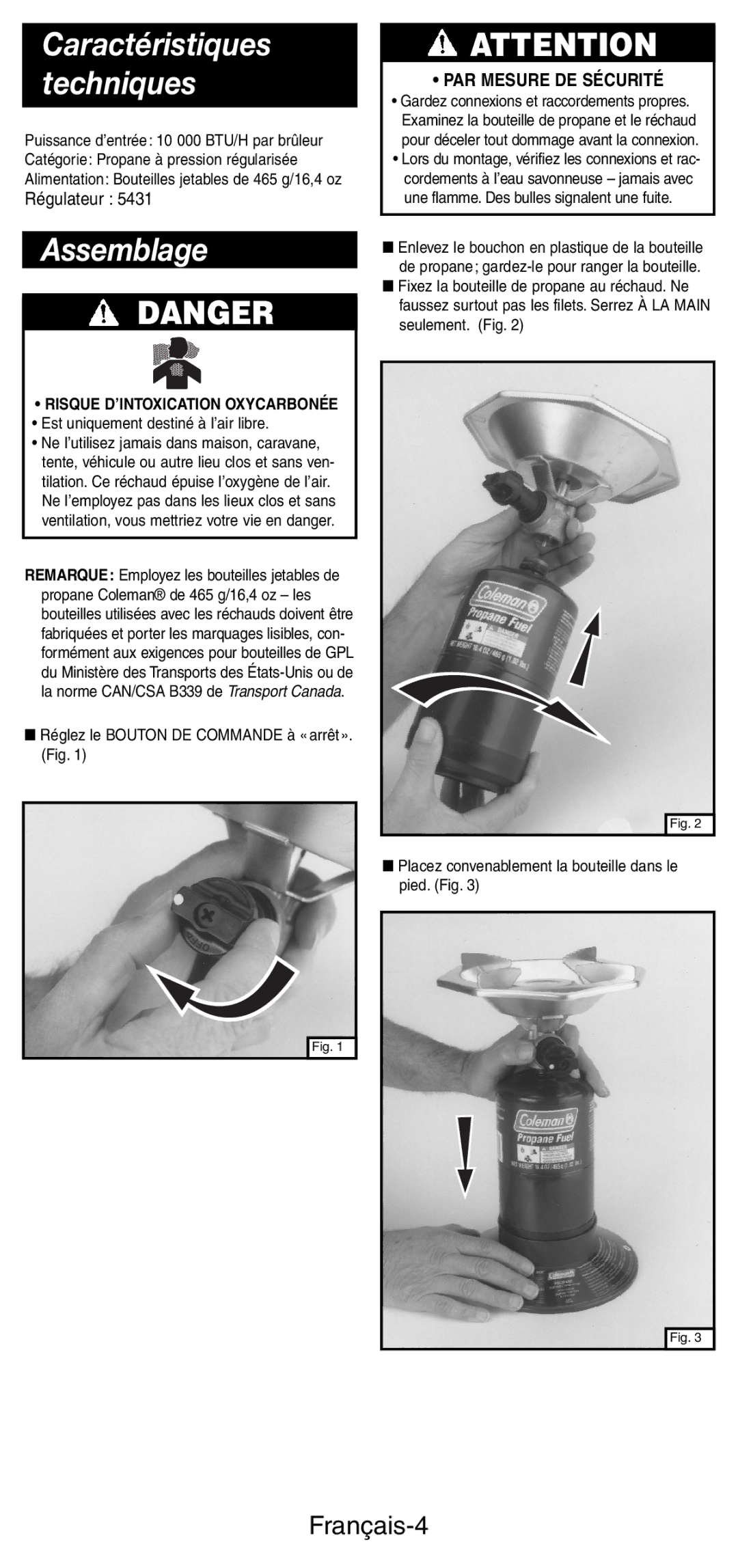 Coleman 5431B manual Assemblage, Français-4 