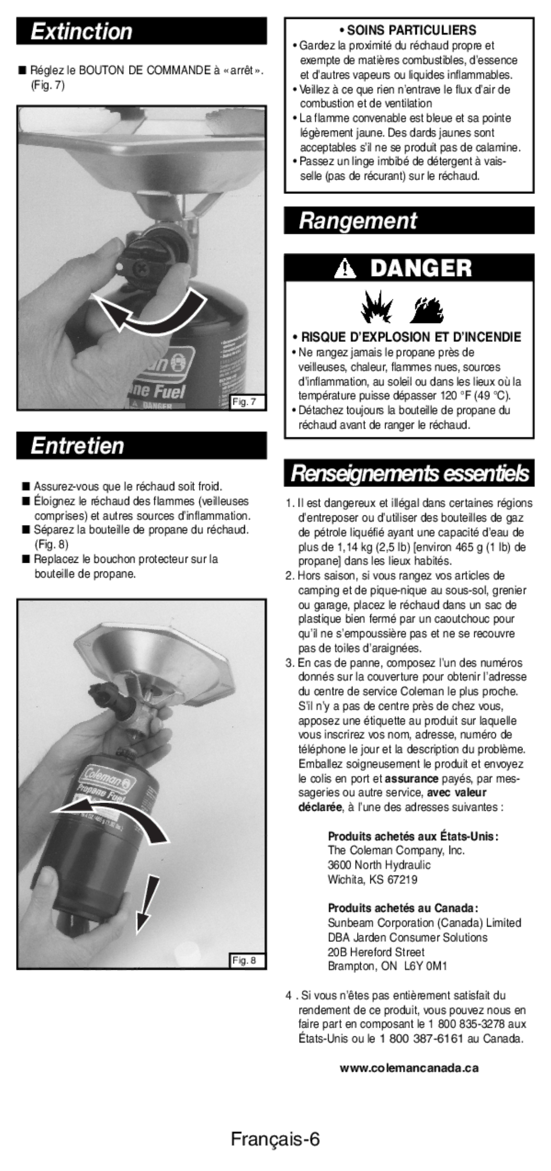 Coleman 5431B manual Extinction, Entretien, Rangement, Renseignements essentiels, Français-6 