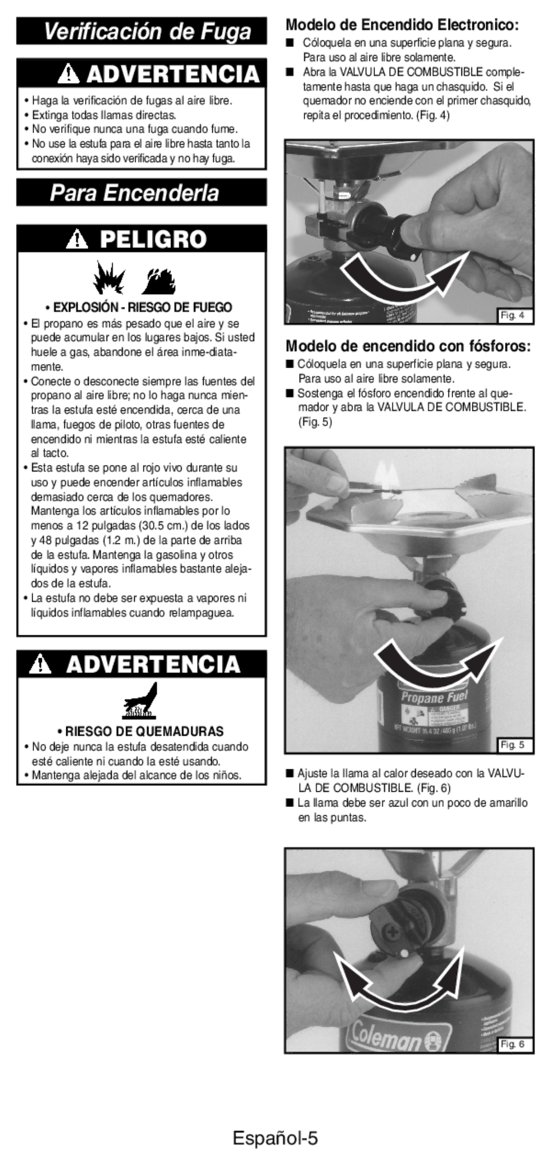 Coleman 5431B manual Verificación de Fuga, Para Encenderla, Español-5, Explosión Riesgo DE Fuego, Riesgo DE Quemaduras 