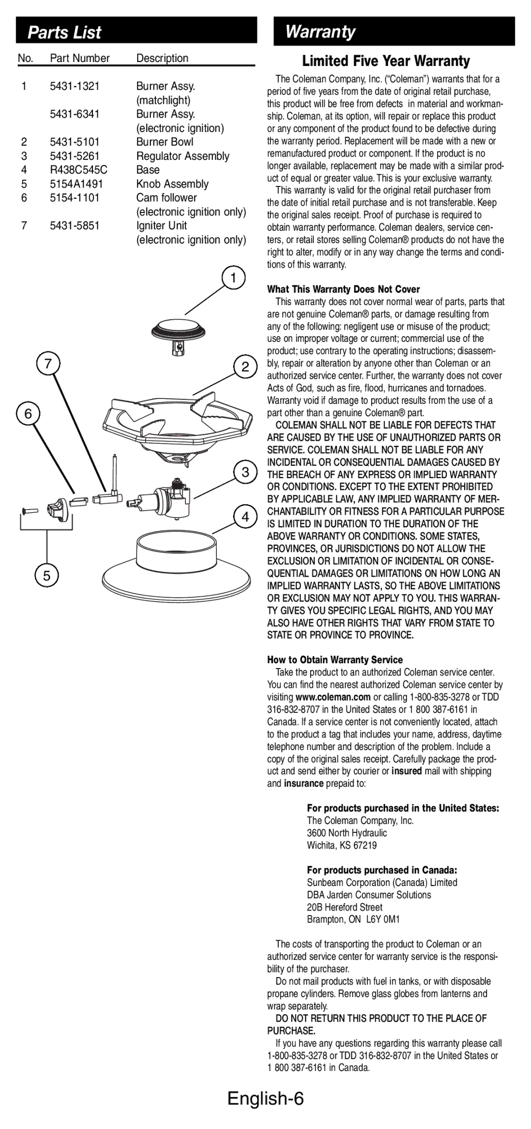 Coleman 5431B manual Parts List, Warranty, English-6 