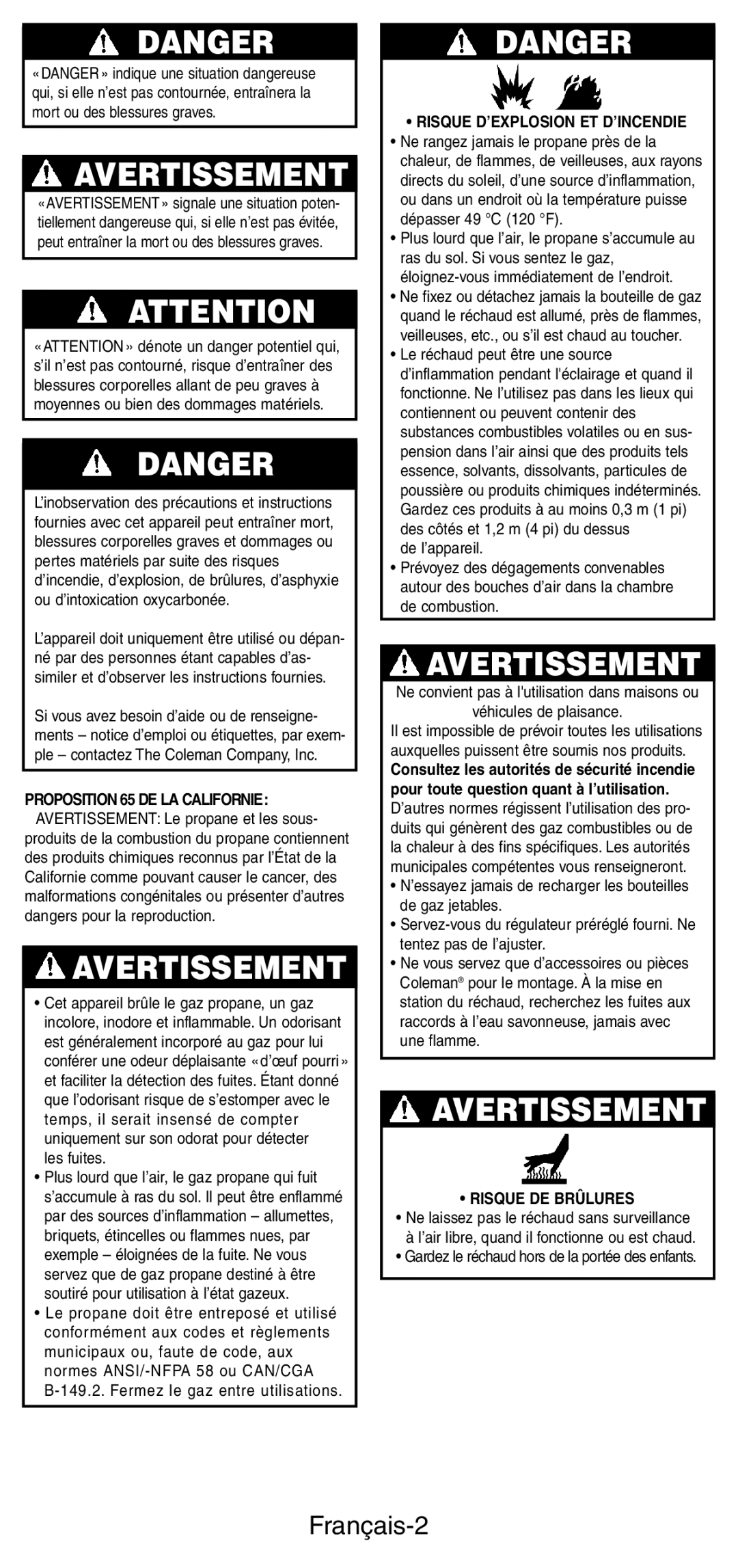 Coleman 5431B manual Français-2, Risque D’EXPLOSION ET D’INCENDIE, Risque DE Brûlures 