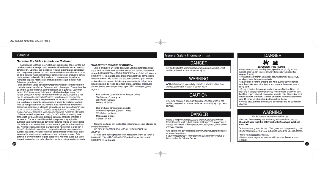 Coleman 5432 manual Garantía, Como Obtener Servicios DE Garantia, Explosion Fire Hazard 