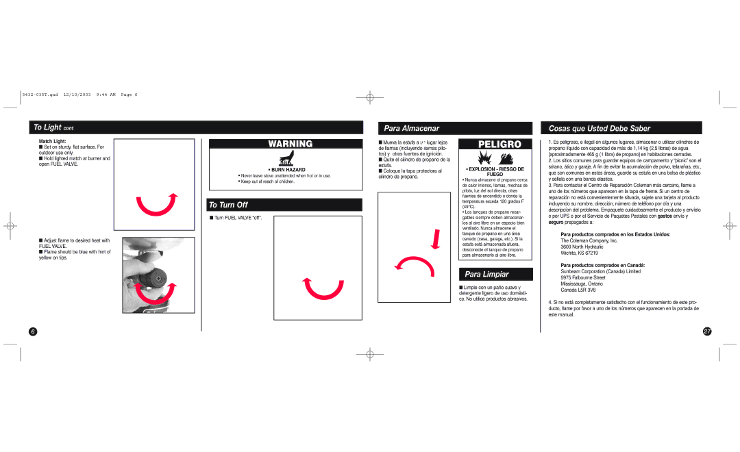 Coleman 5432 manual Peligro, To Turn Off, Para Almacenar, Para Limpiar, Cosas que Usted Debe Saber 