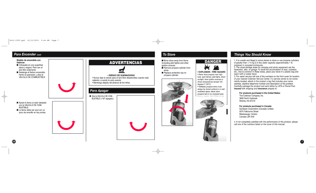 Coleman 5432 manual Advertencias 