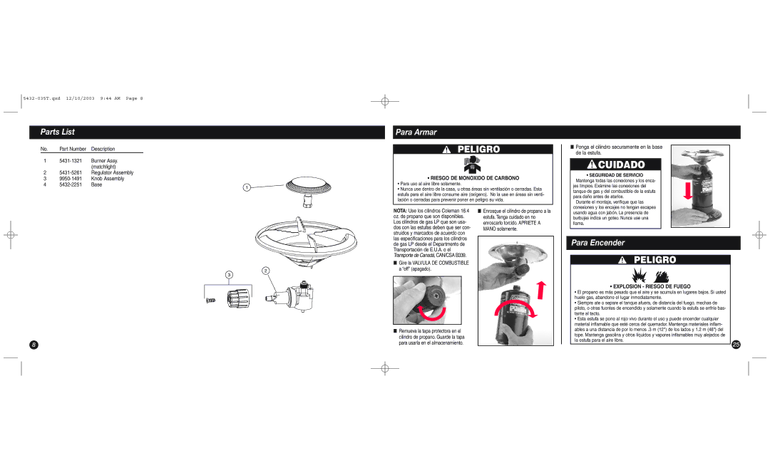 Coleman 5432 manual Cuidado, Parts List, Para Armar, Riesgo DE Monoxido DE Carbono 