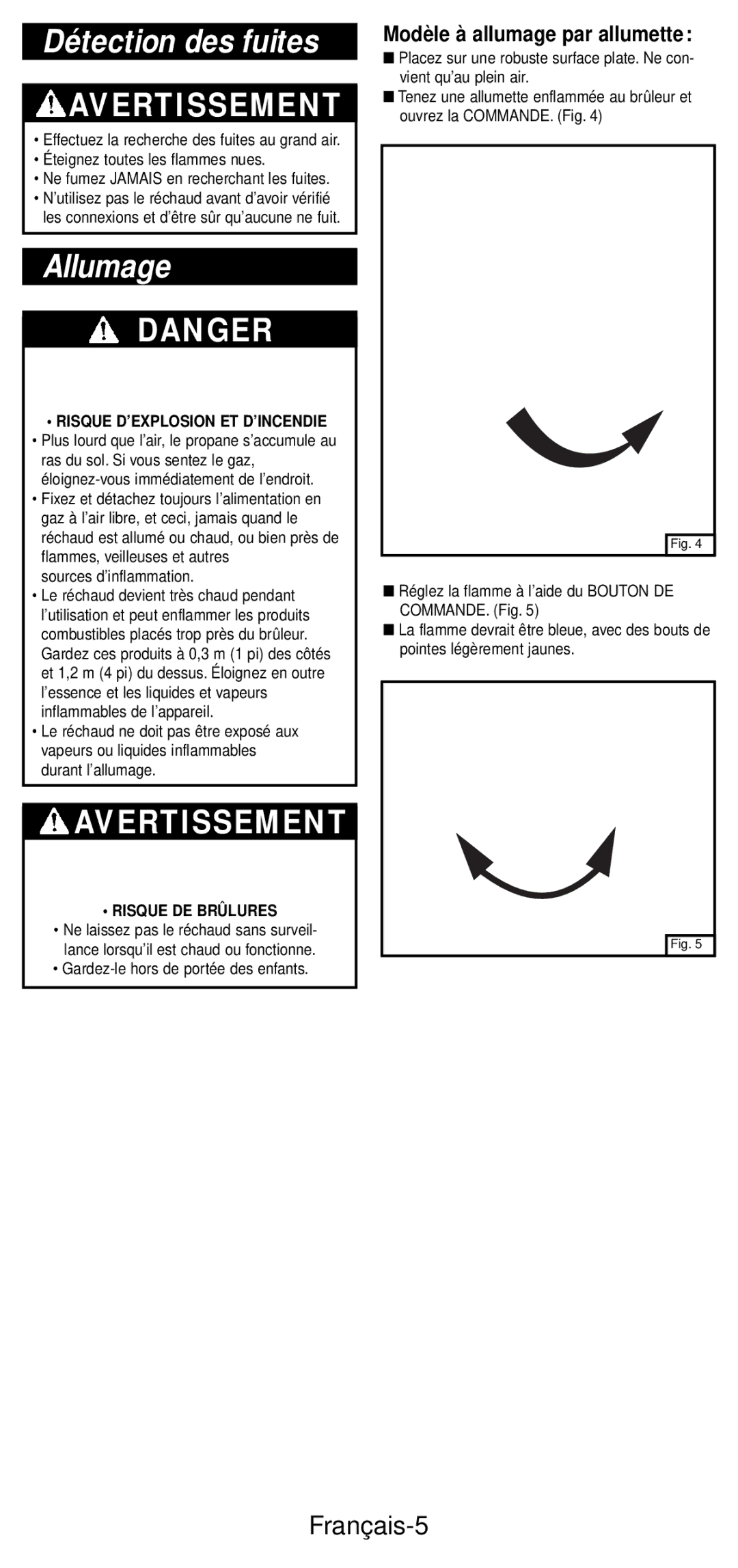 Coleman 5432A Series manual Détection des fuites, Allumage, Français-5, Modèle à allumage par allumette 