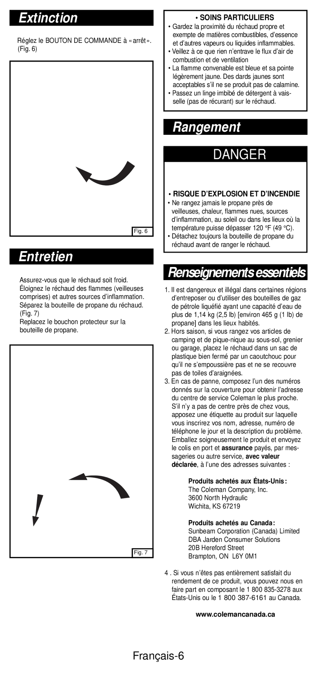 Coleman 5432A Series manual Extinction, Entretien, Rangement, Renseignements essentiels, Français-6 