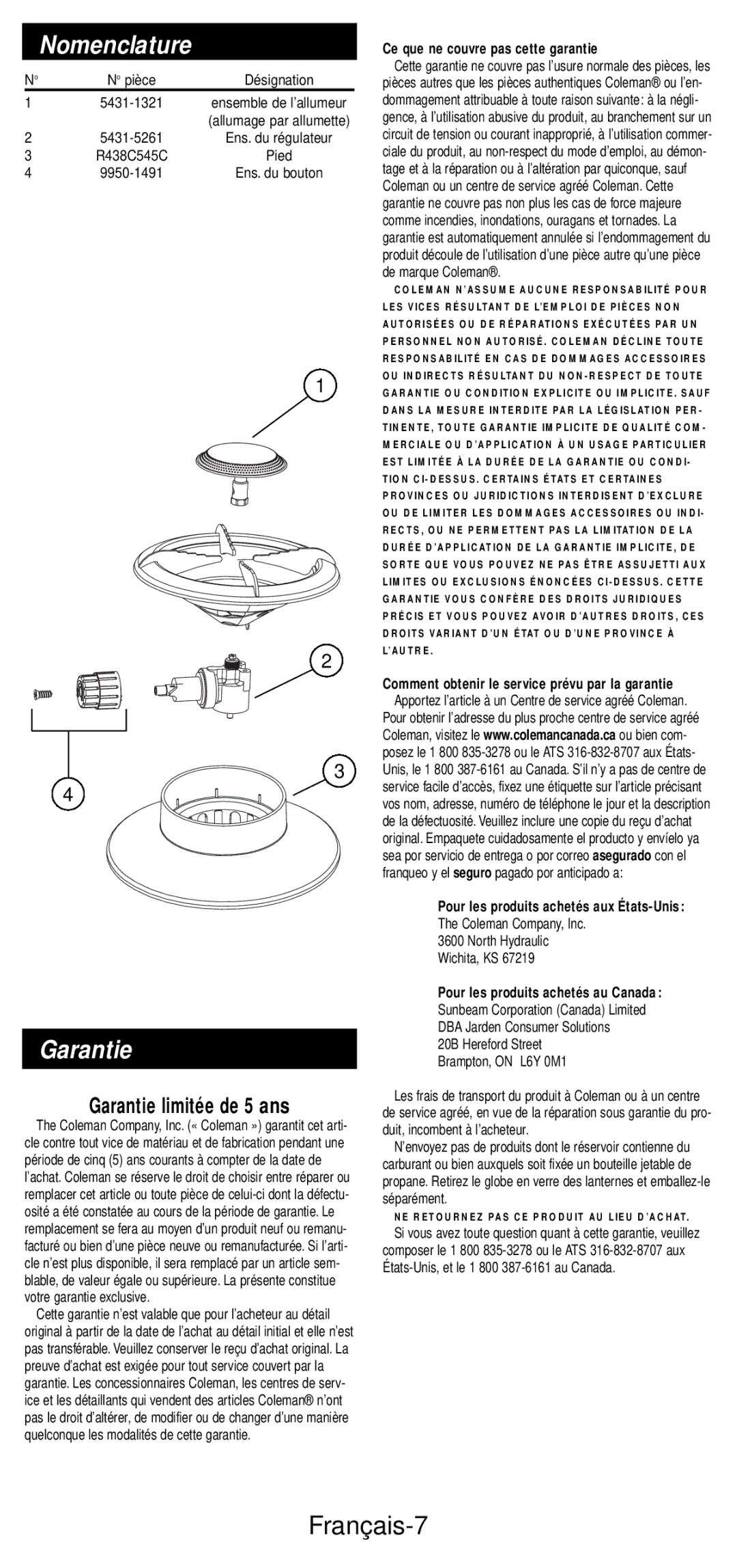 Coleman 5432A Series manual Nomenclature, Français-7, Garantie limitée de 5 ans 