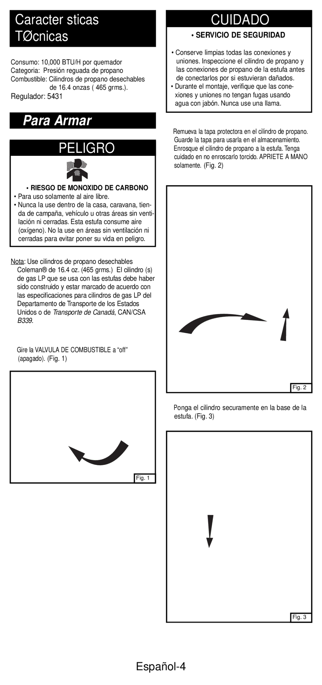 Coleman 5432A Series manual Características Técnicas, Para Armar, Español-4 